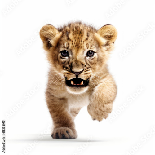 Adorable Cute Funny Baby Lion Animal Running Close Up Portrait Photo Illustration on White Background Nursery, Kid's, Children's room, pediatric office Digital Wall Print Art Nature Generative AI