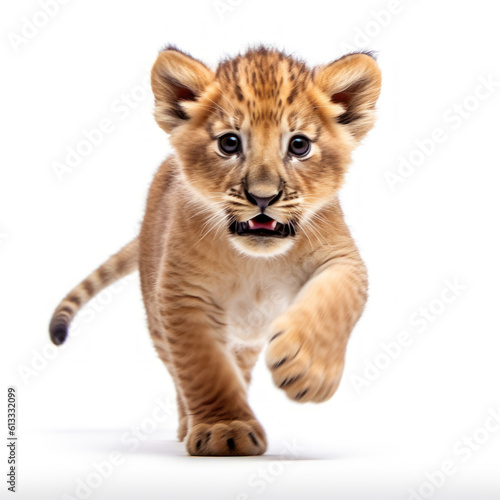 Adorable Cute Funny Baby Lion Animal Running Close Up Portrait Photo Illustration on White Background Nursery  Kid s  Children s room  pediatric office Digital Wall Print Art Nature Generative AI
