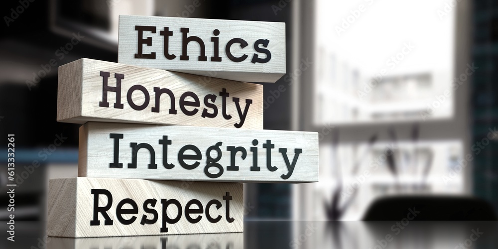 Ethics, honesty, integrity, respect - words on wooden blocks - 3D illustration