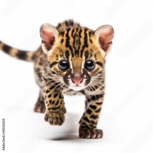 Adorable Cute Funny Baby Margay CatAnimal Running Close Up Portrait Photo Illustration on White Background Nursery, Kid's, Children's room, pediatric office Digital Wall Print Art Nature Generative AI photo