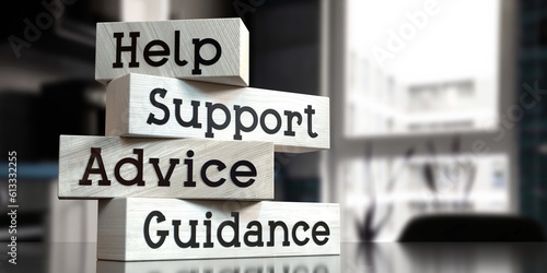 Bilde på lerret Help, support, advice, guidance - words on wooden blocks - 3D illustration