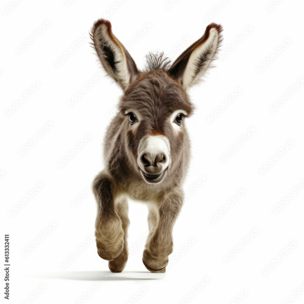 Fototapeta premium Adorable Cute Funny Baby Mule Animal Running Close Up Portrait Photo Illustration on White Background Nursery, Kid's, Children's room, pediatric office Digital Wall Print Art Nature Generative AI