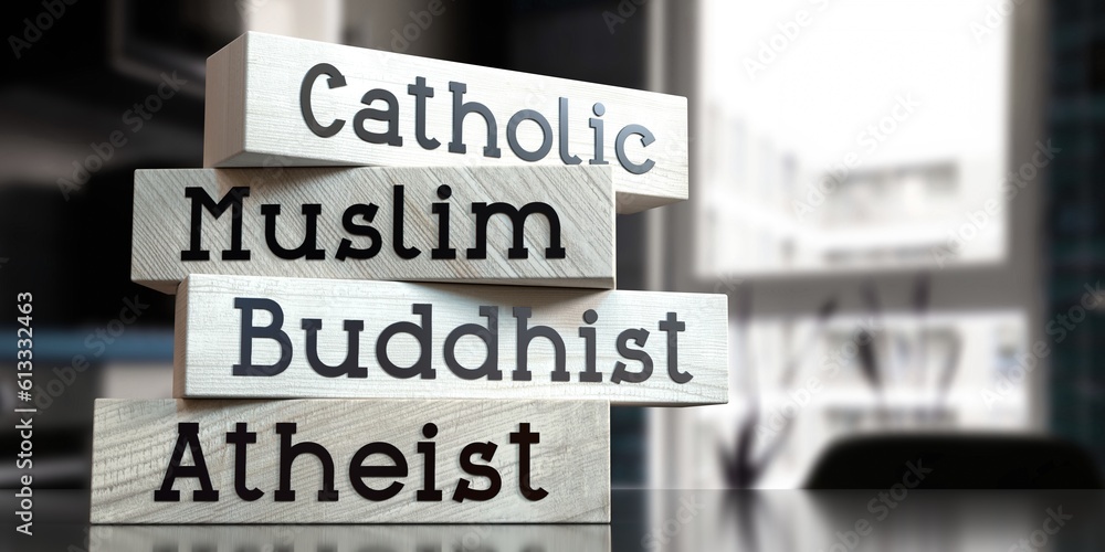 Catholic, muslim, buddhist, atheist - words on wooden blocks - 3D illustration