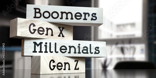 Boomers, Gen x, Millenials, Gen Z - words on wooden blocks - 3D illustration