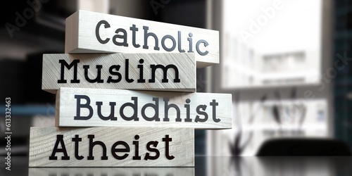 Canvas Print Catholic, muslim, buddhist, atheist - words on wooden blocks - 3D illustration
