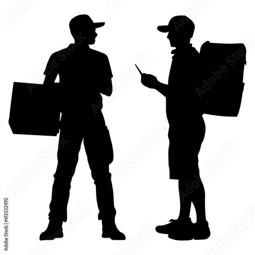 Vector illustration. Black silhouette of a courier with a box. Fast delivery.