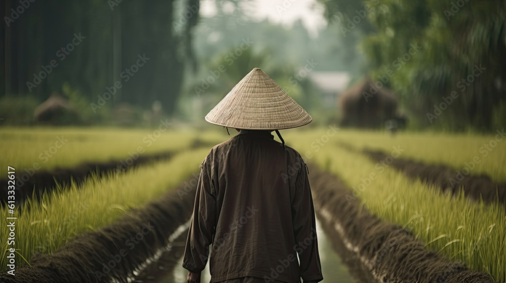 a chinese farmer works on a rice plantation. Generative AI