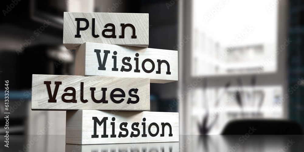 Plan, vision, values, mission - words on wooden blocks - 3D illustration