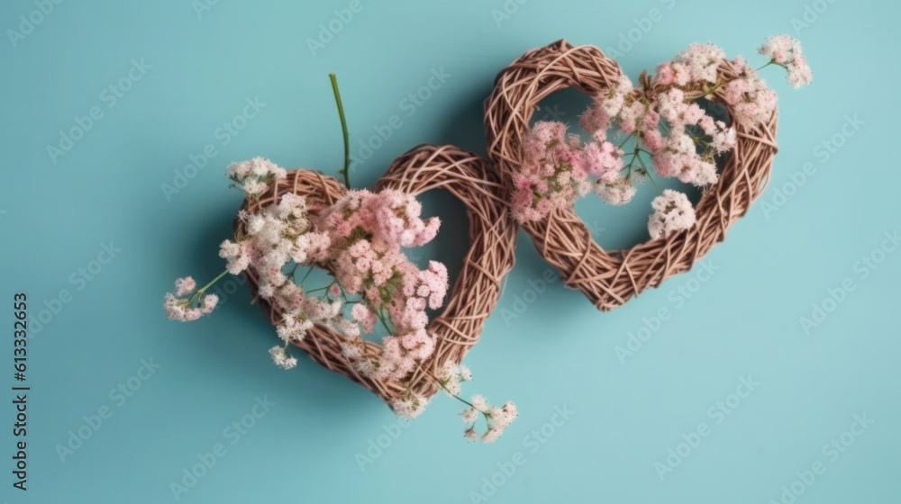 Top view of a heart-shaped woven basket with white flowers inside. Generative AI Top view of a heart-shaped woven basket with white flowers inside. Generative AI