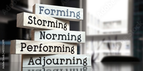 Forming, storming, norming, performing, adjourning - words on wooden blocks - 3D illustration