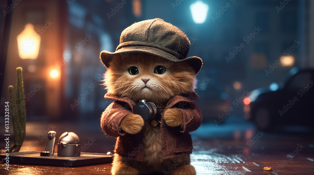Kitty the detective is solving the cutest mysteries - obrazy, fototapety, plakaty 