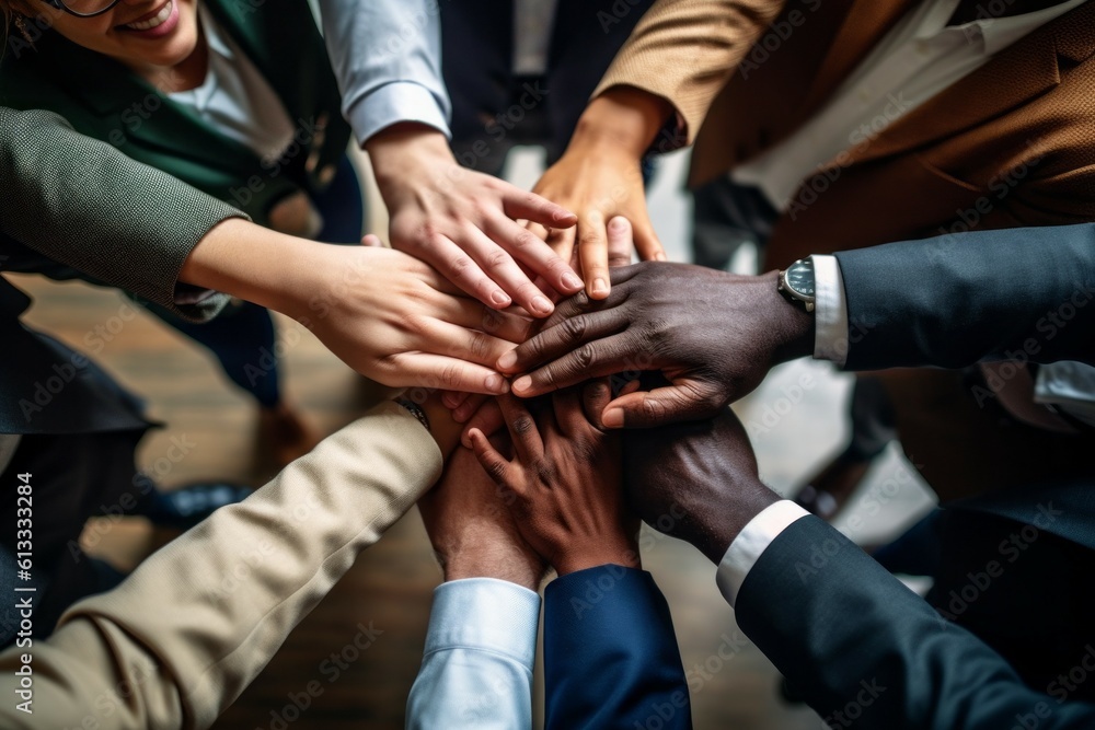 Hands of a friendly close-knit team of colleagues in business. AI generated, human enhanced. Hands of a friendly close-knit team of colleagues in business. AI generated, human enhanced.