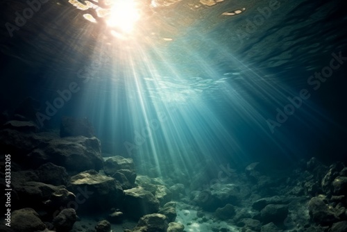 Transparent water  underwater sea background. Mockup or backdrop with sunbeams under water. AI generated  human enhanced