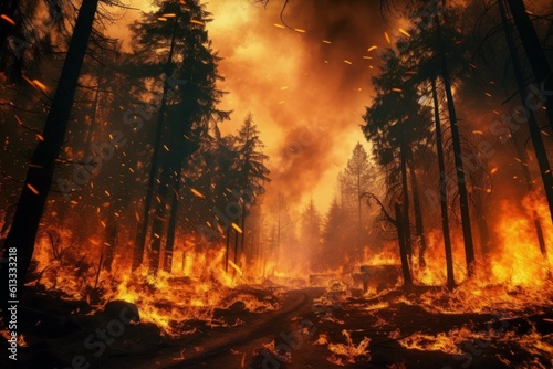 Forest fire in the summer season of the dry period of the year. AI generated, human enhanced