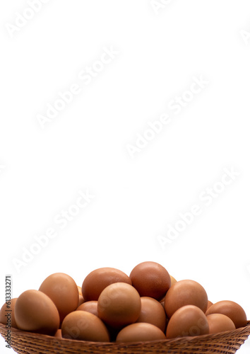 fresh brown eggs for sale in a market. organic product. isolated on white background. selective focus. closeup