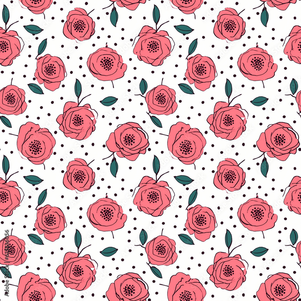 Seamless pattern with many pink roses on white background. Generative AI. Seamless pattern with many pink roses on white background. Generative AI.