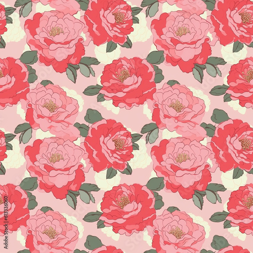 Seamless pattern with beautiful pink roses. Generative AI.