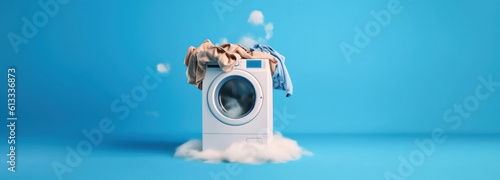 washing machine with pile of clothes and foam as wide banner for buying new washing machine or household work with copy space area - Generative AI