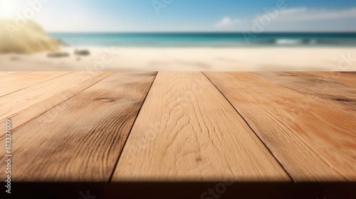 Rough wooden table closeup with a sunny tropical beach in the background