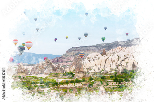 Watercolor painting of Cappadocia Turkey. Hot air balloons flying over fairy chimneys in Cappadocia Nevsehir.