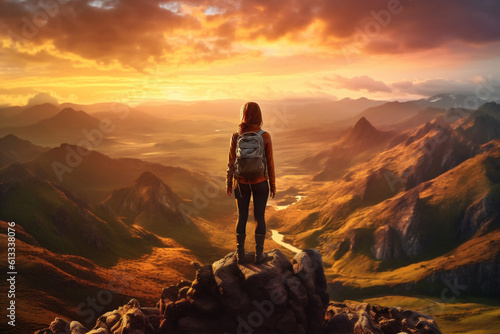 man woman blue backpack mountain landscape nature travel hiker back adventure silhouette. Generative AI.