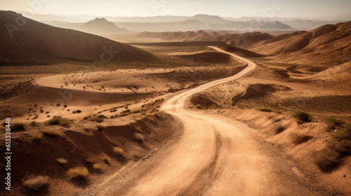 winding dirt road through a dry desert. Generative AI © jr-art