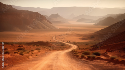 winding dirt road through a dry desert. Generative AI