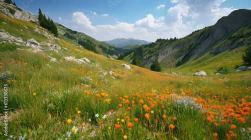 a snowy mountain and a green meadow in the foreground. Generative AI