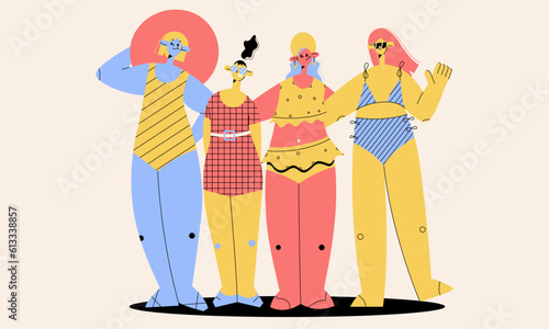 Hand drawn vector abstract graphic cartoon summer time flat illustrations with relaxing girls bikini isolated