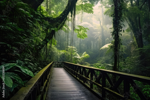 A wooden walkway through an tropical forest