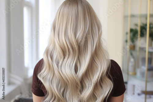Blonde haired girl posing in a salon, back view