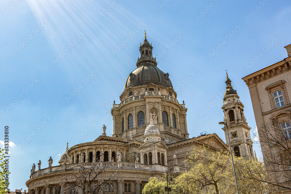 View at St. Stephen's Basilica in Budapest city, hungary, in early spring