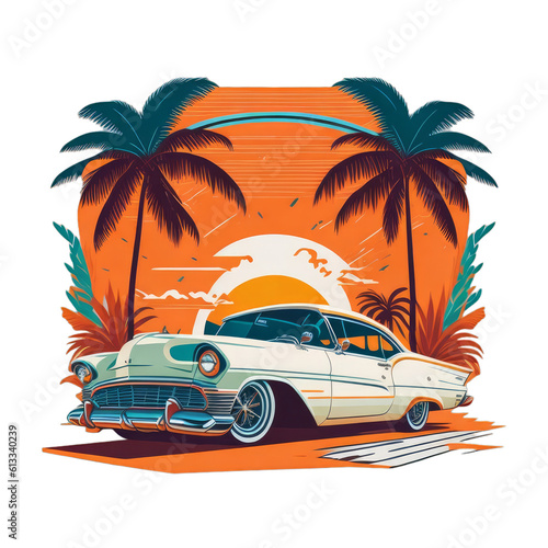 tshirt design of a vanilla cream white retro vintage car with a ocean island beach and palms. png without background. transparent background. Generative AI