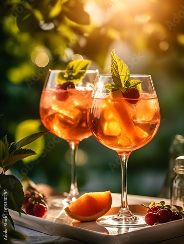 aperol spritz summer drink in glass with shadows  tropical background  AI generated