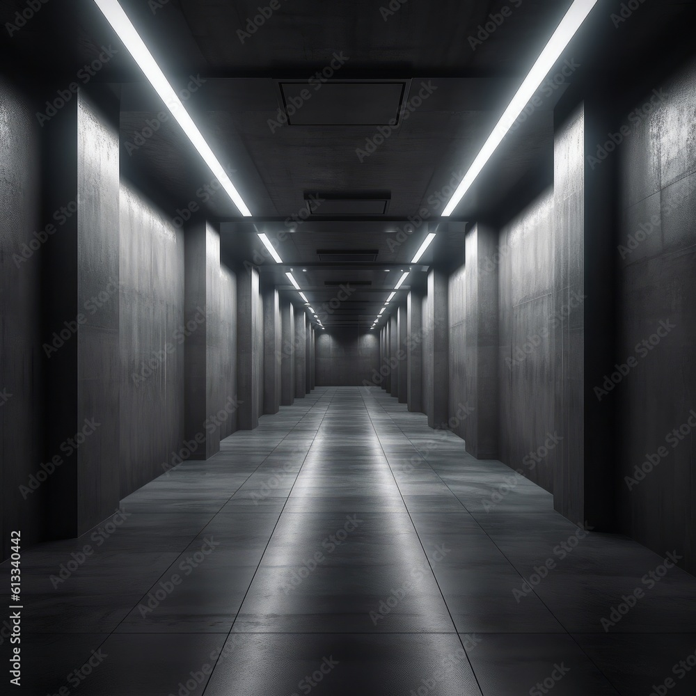 A black and white concrete hallway with lights on. Generative AI. A black and white concrete hallway with lights on. Generative AI.