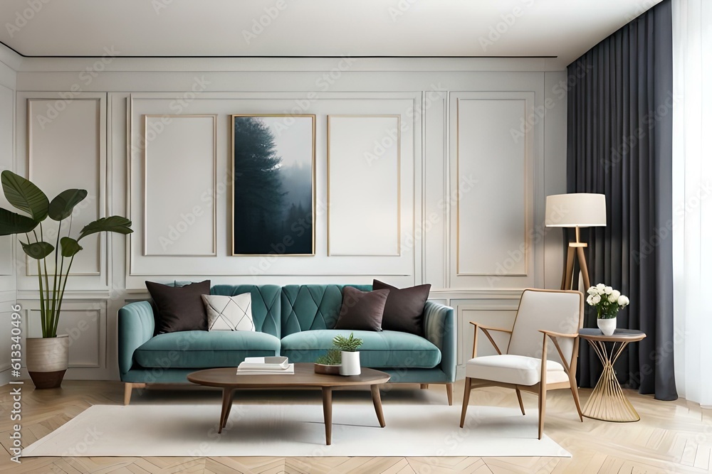 Fototapeta premium Cozy living room interior design with stylish sofa, coffee table, dired flowers in vase, mock up poster, rug, decorations, pillows, plaid and personal accessories in modern home decor. Modern room.