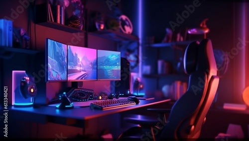 General view of home workplace of pro gamer with professional gaming setup on desktop. Modern powerful PC full RGB, display with shooter game, armchair. Gaming studio of cyber sportsman v5