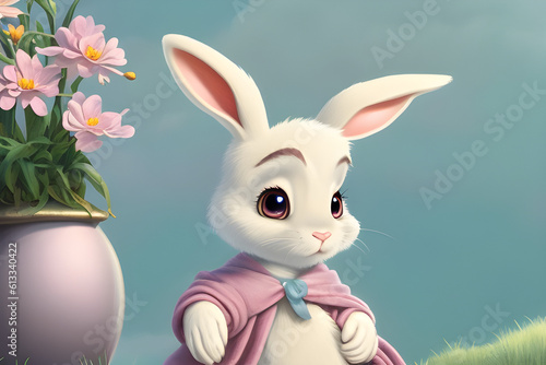 Cute white rabbit in bed colors, blue background and flowers, generative ai
