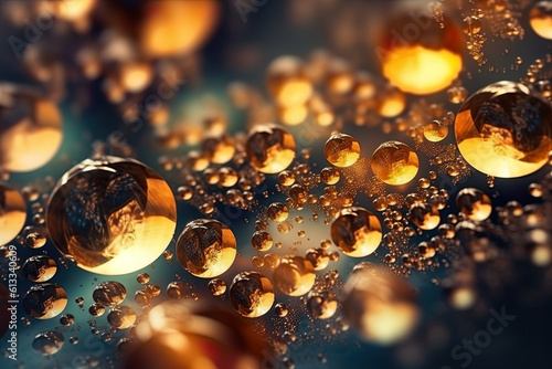 Water drops or glass spheres in yellow light, abstract pattern, generative AI.