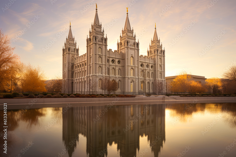 Naklejka premium The salt lake temple in salt lake city reflects in the water