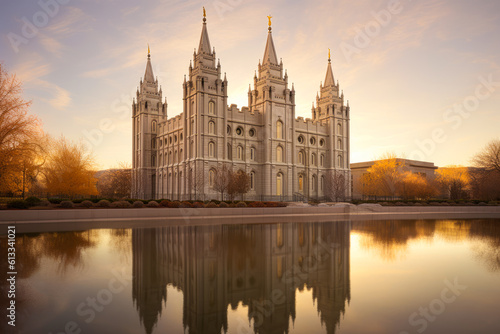 The salt lake temple in salt lake city reflects in the water