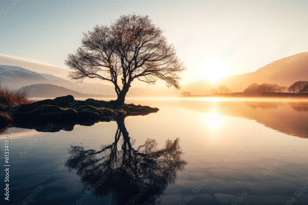A tree sits on top of a lake during a sunrise A tree sits on top of a lake during a sunrise