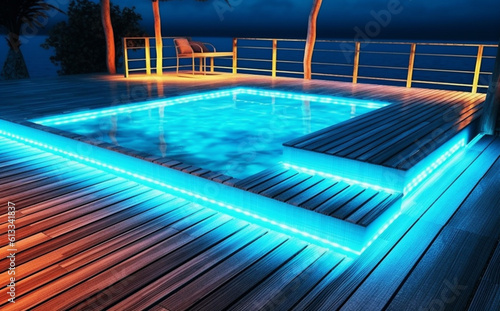 pool summer holiday large luxury light water resort night vacation. Generative AI. © SHOTPRIME STUDIO