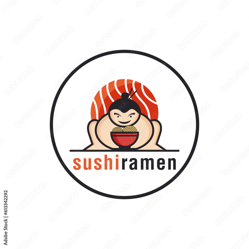 Character logo depicting sumo and food. It is suitable for use as a symbol of Japanese food.