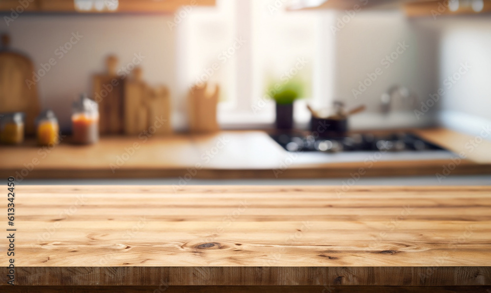 Beautiful empty brown wooden table top and blurred defocused modern kitchen interior background with daylight flare, product montage display. Beautiful empty brown wooden table top and blurred defocused modern kitchen interior background with daylight flare, product montage display.