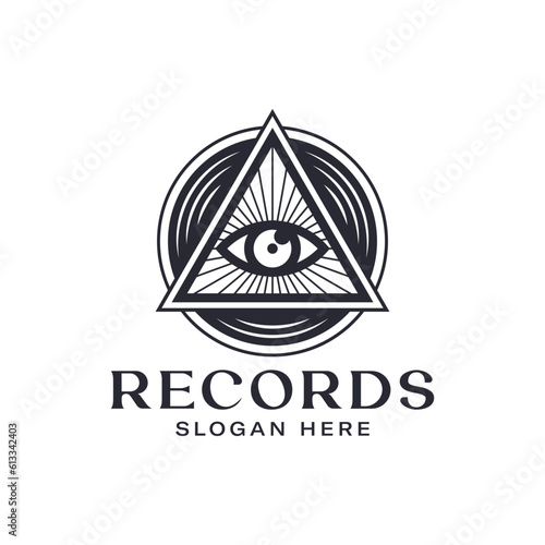 Unique logo combination of eyes, triangles and vinyl. It is suitable for use as logos for rock music recordings.