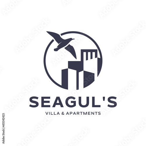 The logo illustrates a beach eagle and a building. It is suitable for use for apartment logos.