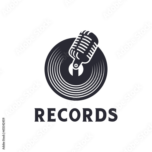 Unique logo combination of mic and vinyl. It is suitable for use as a record logo.