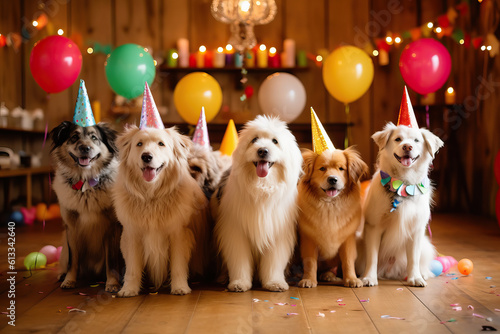 A group of dogs gathered around a birthday cake, celebrating a special occasion created with Generative AI  © Nedrofly