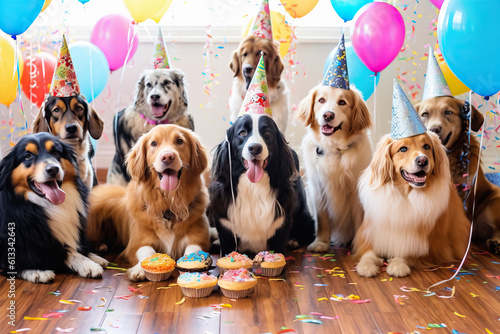 A group of dogs celebrating a birthday with cupcakes created with Generative AI technology © Nedrofly